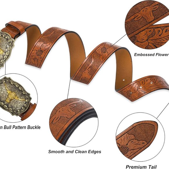 Western-PU-Leather-Belts for Men and Women Cowboy-Cowgirl Longhorn-Bull-Pattern- - Picture 3 of 8